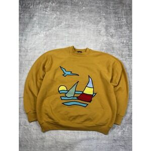 Vtg Sailing Sweater‎ Womans Large Yellow Crewneck Embroidered Sailing Nautical
